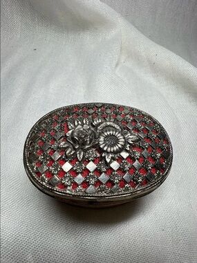Silver Floral Oval Trinket Box with Red Accents